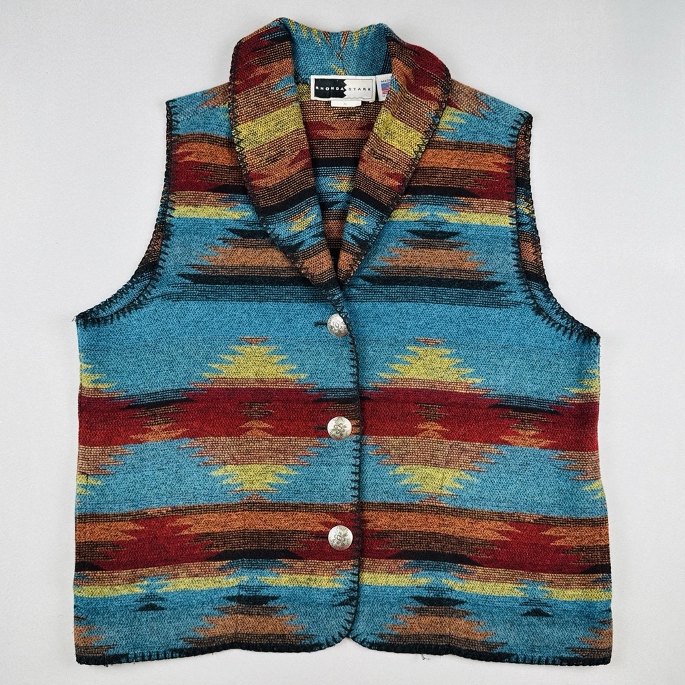 Vintage Rhonda Stark Southwestern Vest USA Made Wool Blend Aztec XL